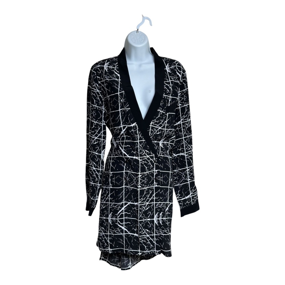 YAS‎ Black White Print Long Sleeve Mini Dress Wrap Look Size 36